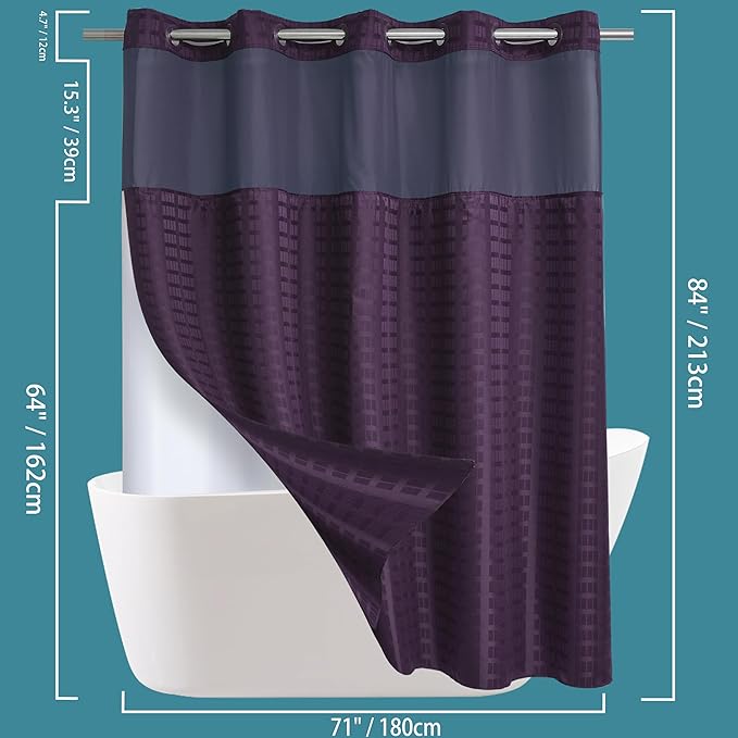 Extra Long No Hook Shower Curtain with Snap in Liner Set, Hotel Luxury Purple Shower Curtains for Bathroom with See Through Top Window, Waterproof, Washable 71W x 84H