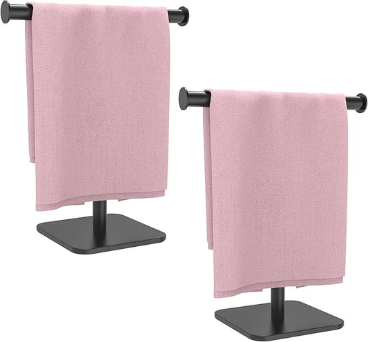 RUACQ T-Shape Hand Towel Holder Stand, Weighted Base Towel Rack, 12" Countertop Towel Holder for Bathroom, 304 Stainless Steel, Heavy Duty (Matte Black, 2 Pack)