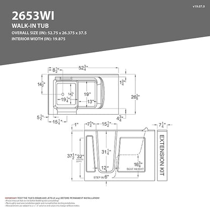 ANZZI Walk In Tub 53'' x 26'' with Quick Fill Faucet, 60" Shower Head, Easy Entry, Watertight Seal, Head Pillow, Slip-Resistant, ADA Seating, White Gelcoat, Safety Grab Bar - AMZ2653LWS-CP