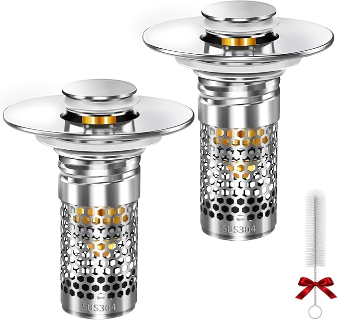 Bathroom Sink Stopper, Pop-up Bathroom Sink Drain Strainer Stopper with Removable Stainless Steel Strainer Filter Basket Hair Catcher, Sink Drain Stopper for Bathroom Sink Stopper Replacement (2PCS)