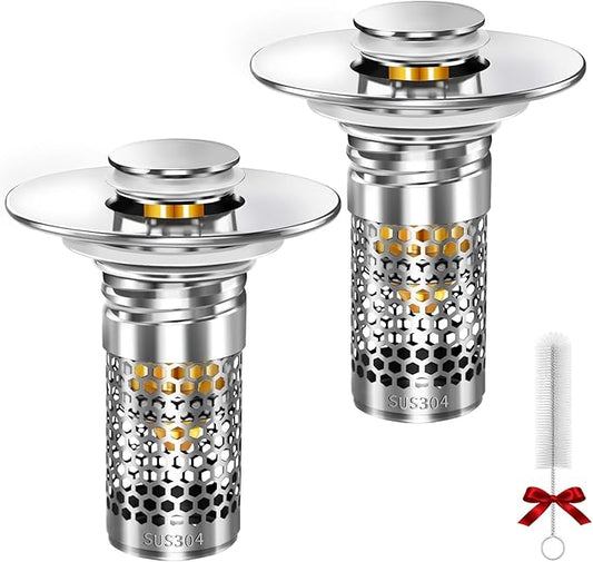 Bathroom Sink Stopper, Pop-up Bathroom Sink Drain Strainer Stopper with Removable Stainless Steel Strainer Filter Basket Hair Catcher, Sink Drain Stopper for Bathroom Sink Stopper Replacement (2PCS)