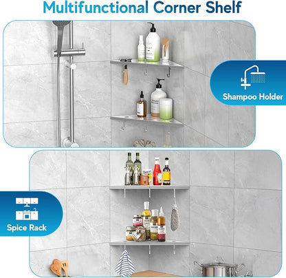 Corner Shower Shelves, 10" Silver 304 Stainless Steel Recessed Shelf for Bathroom，Grout in Shelf with Hooks for Tiled Wall 2 Pack (Silver)