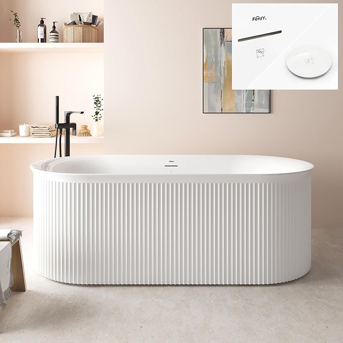 FerdY Nami 67" Acrylic Freestanding Bathtub, V Shape Freestanding Soaking Acrylic Bathtub, Modern White, cUPC Certified, Polished White Pop-Up Drain