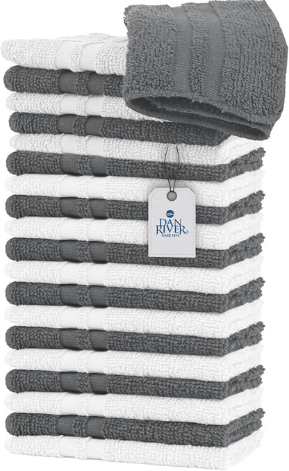 DAN RIVER 100% Cotton Washcloths 20 Pack Premium Quality Face and Body Cloth, Quick Dry Essential Towels for Bathroom, Hand, Kitchen & Cleaning, Baby Rugs | 11X11 in | 400 GSM | Grey + White