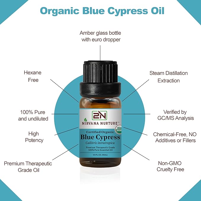 Blue Cypress Essential Oil USDA Certified Organic, 100% Pure Natural Premium Grade, Undiluted