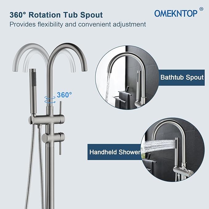 Freestanding Bathtub Faucet Floor Mount Tub Filler Brush Nickel, OMEKNTOP Modern Freestanding Tub Faucet with 360 Swivel Gooseneck Spout and Handheld Shower, Standing Tub Faucet for Bathroom