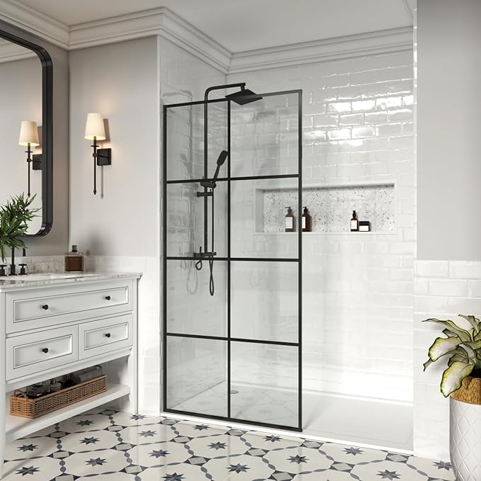 30" W x 76" H Frameless Shower Screen, Fixed Glass Panel for Walk-In Shower, 3/8" Tempered Glass, Grid Pattern Design