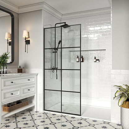 30" W x 76" H Frameless Shower Screen, Fixed Glass Panel for Walk-In Shower, 3/8" Tempered Glass, Grid Pattern Design