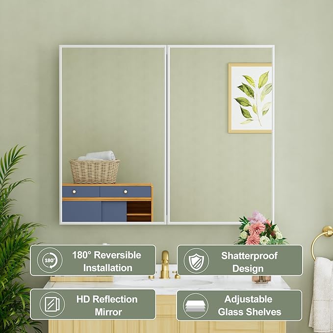 Buruis 36" x 30" Framed Medicine Cabinet with Mirror, Recessed or Wall Mounted Bathroom Cabinet, Adjustable Tempered Glass Shelves, Left/Right Open Reversible, No Assembly Required, White