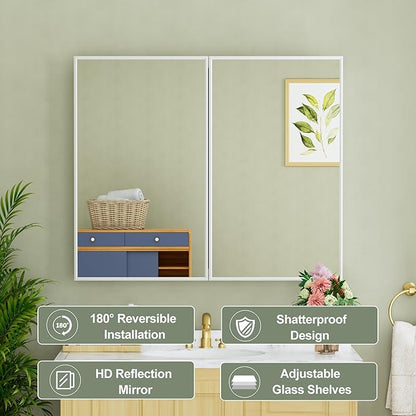 Buruis 36" x 30" Framed Medicine Cabinet with Mirror, Recessed or Wall Mounted Bathroom Cabinet, Adjustable Tempered Glass Shelves, Left/Right Open Reversible, No Assembly Required, White