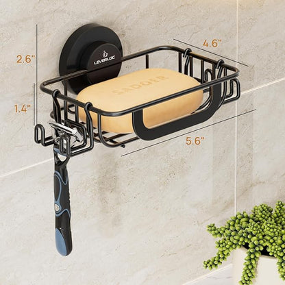LEVERLOC Soap Holder Dish with Hooks for Shower, Bar Suction Cup Soap Tray Wall Mounted, Rustproof Stainless Steel Sponge Holder Caddy for Bathroom Bathtub Kitchen Sink, Black