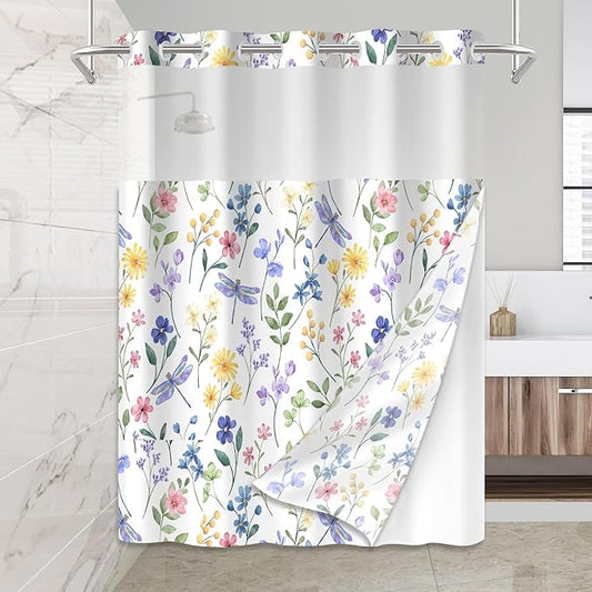 No Hook Shower Curtain Set with Snap in Fabric Liner for Bathroom,with See Through Top Window,Double Shower Curtain with Detachable Liner Replacement,Machine Washable,Flowers,71"x 74"