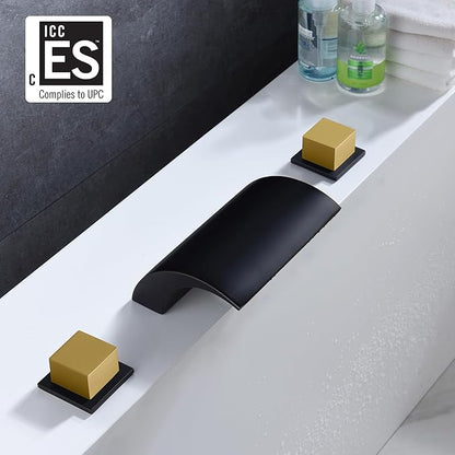 SUMERAIN Roman Bathtub Faucet 3 Hole Deck Mount High Flow Waterfall Tub Filler Black and Gold Finish