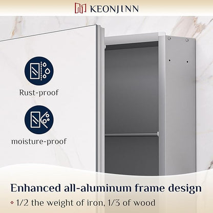 Keonjinn 36 x 24 Inch Bathroom Mirrored Medicine Cabinet, Lightweight Aluminum Structure, Freely Adjustable Shelves, Combined Assembly Needed, Surface Mount or Recessed Mirror with Storage