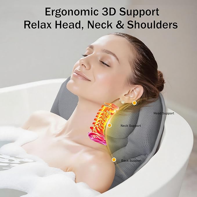 Bath Pillow PYRRHIC - Luxury Bathtub Pillow 5D Mesh with Neck & Back Support Non-Slip Suction Cups Fast Drying Soft Spa Pillow Relaxing Bath Accessories with Hook Laundry Bag Grey