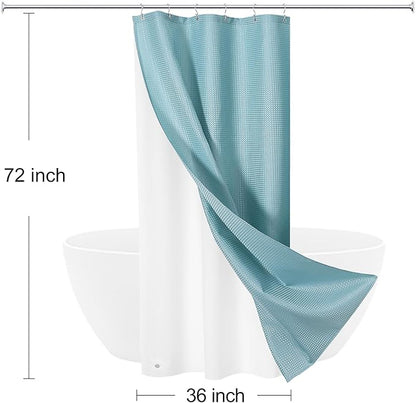 3 in 1 Stall Half Size Shower Curtain Set-36 W x 72 H, Teal Blue Waffle Waterproof Fabric and PEVA Liner Set with Stainless Steel Hooks