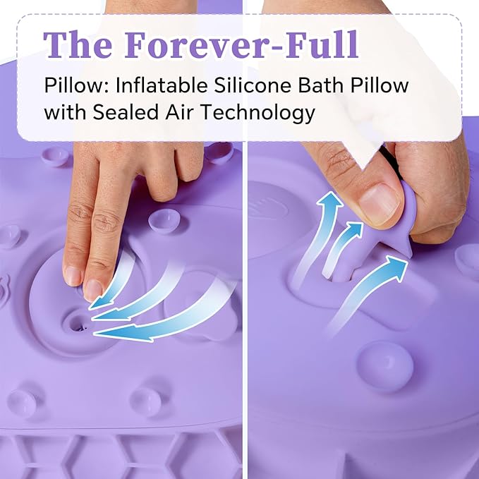 Silicone Bath Pillow for Tub Adults, 4D Air-Cushion Bathtub Pillow for Head Neck and Back Support, Non-Slip Suction Cups, Quick-Drying Waterproof Spa Pillow, Easy to Clean & Store，Purple