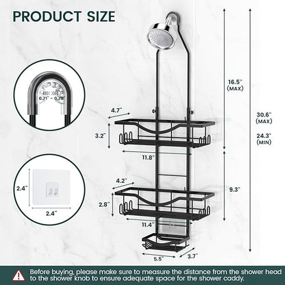 Shower Caddy Hanging Adjustable Shower Caddy, Rustproof Shower Organizer Extended Length Shower Caddy Over Shower Head with Hooks Soap Holder, Large Capacity Anti-Swing Bathroom Organizer, Black