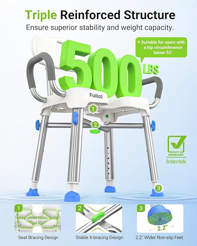 Ergonomic H-Shaped Shower Chair for Elderly and Disabled with Back & Padded Arms,500 lbs Heavy Duty Adjustable Shower Stool Seat for Easy Cleaning, Anti-Slip Bath Chairs for Bathtub
