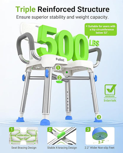 Ergonomic H-Shaped Shower Chair for Elderly and Disabled with Back & Padded Arms,500 lbs Heavy Duty Adjustable Shower Stool Seat for Easy Cleaning, Anti-Slip Bath Chairs for Bathtub