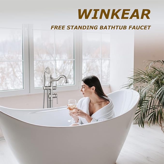 Freestanding Floor Mount Tub Filler with Handheld Shower Roman Bathtub Faucet by Brushed Nickel Finish, Swivel Spout with Brass Rough-in and Water Hose