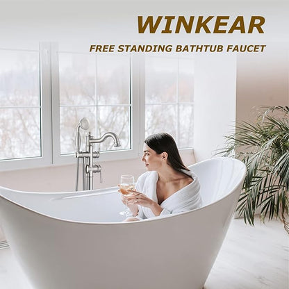 Freestanding Floor Mount Tub Filler with Handheld Shower Roman Bathtub Faucet by Brushed Nickel Finish, Swivel Spout with Brass Rough-in and Water Hose