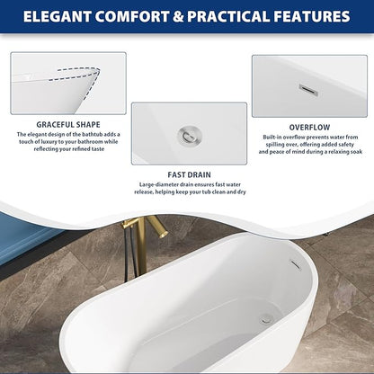 Sarlai 59 Inch Acrylic Freestanding Soaking Bathtub Contemporary Soaking White Tub Stand Alone Ergonomic Bathtub with Chrome Drain and Overflow