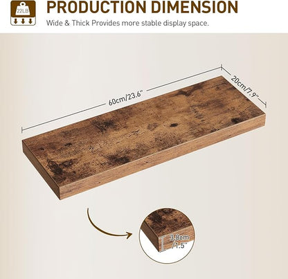 Floating Shelves for Wall, 1.5" Thick Wall Shelf Set of 4 with Invisible Brackets, 23.6L x 7.9W Hanging Shelves Farmhouse Home Decor for Bathroom, Living Room, Bedroom, Rustic Brown 6301BJP4BF
