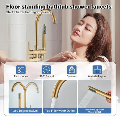 Brushed Gold Freestanding Bathtub Faucet with Hand Shower Tub Filler Faucet Floor Mounted High Flow Single Handle Bath Filler Solid Brass