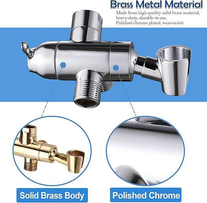 Shower Arm Diverter with Handshower Mount, G1/2 Brass Shower Diverter Valve Bathroom Universal Shower System Replacement for Handheld Shower and Fixed Shower Head(Polished Chrome)
