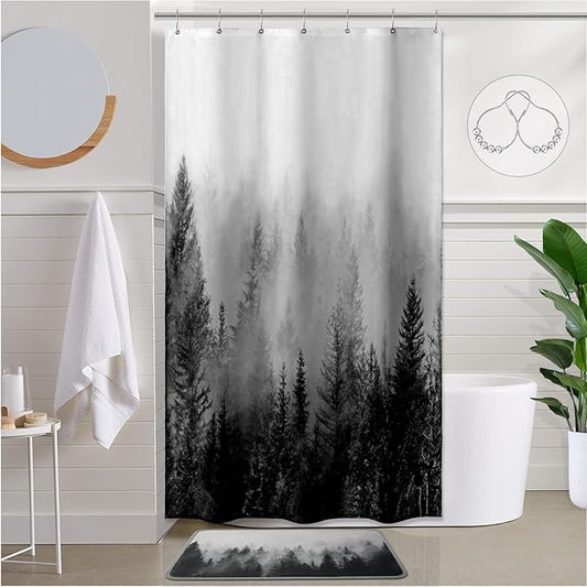 ORTIGIA 36x72 Misty Forest Stall Shower Curtain for Small Bathroom, Black and White Narrow Nature Woodland Shower Curtain Set with Hooks, Waterproof Fabric Fog Magic Home Bath Curtain