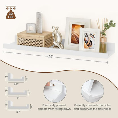 Heimlove Floating Shelves Set of 6, 24" Wall Mounted Picture Ledge, Display Shelf Organizer for Decor Storage, Wall Mounted Shelves for Living Room, Bedroom, Bathroom, Kitchen (White)