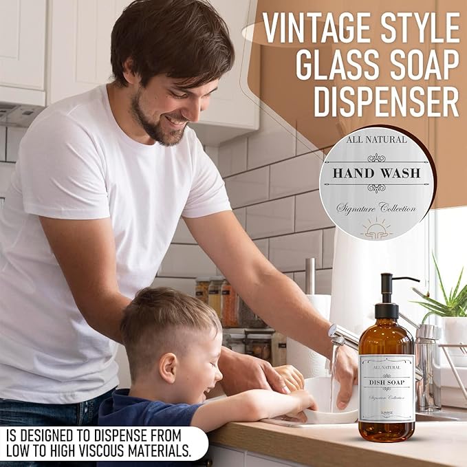 2 Pack Amber Glass Soap Dispenser 16 OZ with Oil Rubbed Bronze Stainless Steel Pump, Hand and Dish Soap Dispenser Set for Bathroom and Kitchen Sink with 6 Waterproof Labels