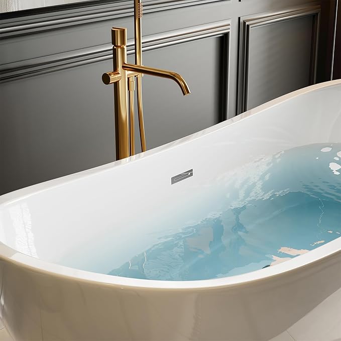 Empava 69 Inch Freestanding Bathtub - Acrylic Free Standing Soaking Tubs with Contemporary Design, White