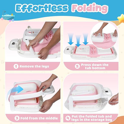 Orzbow Collapsible Baby Bathtub, Large Baby Bath Tub for Newborn with Soft Cushion & Thermometer, Travel Portable Baby Tubs for Infants to Toddler 0-36 Months, Pink