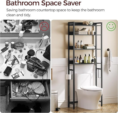 Over The Toilet Storage Rack, 4 Tier Bathroom Organizer Over Toilet, Freestanding Space Saver Toilet Stand with 2 Hooks, Bathroom Storage Shelf, Easy to Assemble, Black TSHB0401