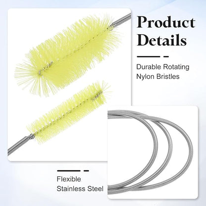 HARFINGTON 3pcs Flexible Long Drain Brush Straw Cleaner Set 61.02" Stainless Steel Double Ended Hose Brush with 8" Nylon Long Tube Pipe Cleaning for Fish Tank Sink Pipe, Yellow