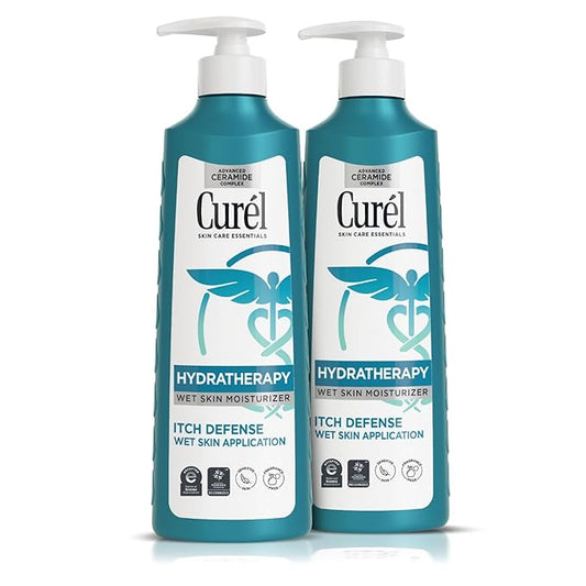 Curel Itch Defense In Shower Lotion for Sensitive and Dry Skin, Hydra Therapy Body Lotion with Vitamin E, Fast-Absorbing Ceramide Moisturizer, Repairs Moisture Barrier, Unscented, 12 Oz (Pack of 2)