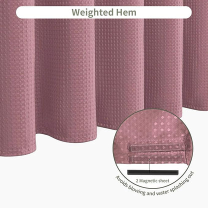 Inhousolu Fabric Shower Curtain Waffle Weave, 230 GSM Heavy Duty, Weighted Hem, 14 Metal Hooks, Water Repellent, Machine Washable, Hotel Spa Luxury Bath Curtain Set, 72 x 72 Inch, Pink