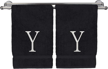 Monogrammed Hand Towel, Personalized Initial Gift, Extra Absorbent 100% Turkish Cotton - Soft Terry Finish - Set of 2 - White Block Initial Y - Embroidered on Black Towels