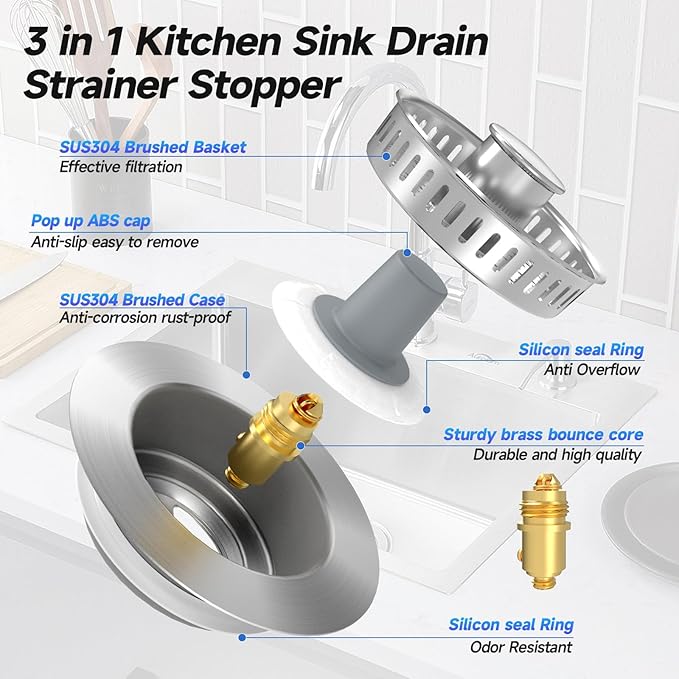 3 in 1 Kitchen Sink Drain Strainer Sink Stopper, Stainless Steel Sink Drain Strainer with Anti-Clogging Basket, Kitchen Sink Drain Filter Plug for US Standard 3-1/2 Inch Drain (1Pack)