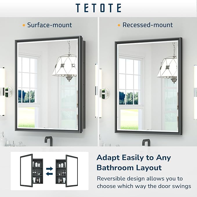 TETOTE 48x30 Inch Medicine Cabinet with Mirror Black Framed Bathroom Aluminum Framed Surface Recessed Wall-Mounted Medicine Cabinets Beveled Mirror with Storage 3 Door Modern Farmhouse