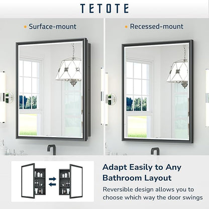 TETOTE 48x30 Inch Medicine Cabinet with Mirror Black Framed Bathroom Aluminum Framed Surface Recessed Wall-Mounted Medicine Cabinets Beveled Mirror with Storage 3 Door Modern Farmhouse