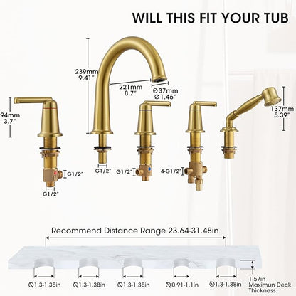 Roman Tub Faucet Set with Hand Shower, KRUZOO Bathtub Faucet Set Trim Kit with Rough-in Valve, Deck Mount Widespread 5 Hole Brass Tub Filler, KZ-9609BG, Brushed Gold