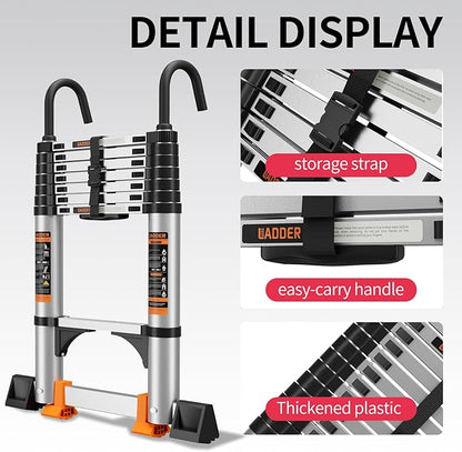 Telescoping Ladder,10.5FT Aluminum Multi-Purpose Collapsible Ladder with Stabilizers and Hooks,Jiashche Portable Extension Ladder for RV or Outdoor Work Silver,330lb Max Capacity