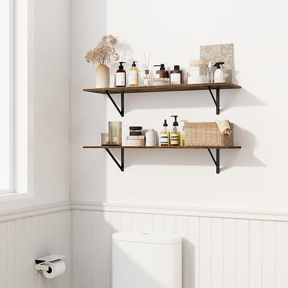 Fun Memories Deep Floating Shelves for Wall, 24W x 8D Wall Mounted Shelves Set of 2, Wide Display Ledge Shelf with Sturdy Metal Brackets for Living Room, Bathroom, Bedroom and Kitchen, Rustic Brown
