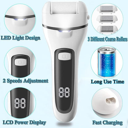Callus Remover for Feet Electric Foot File, 13-in-1 Professional Pedicure Tools Foot Care Kit, Foot Scrubber Pedi for Hard Cracked Dry Dead Skin, 3 Rollers, 2 Speed, Battery Display (White&Grey)