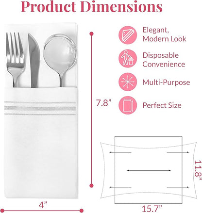 Prestee - Linen-Like Paper Hand Towels - Disposable Guest Towels for Bathroom - White with Silver Stripes - 7.8"x4" Folded - 50 Count - Soft and Absorbent Bathroom Napkins - Elegant Metallic Design