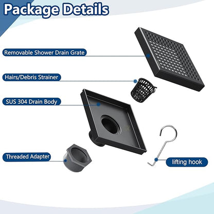 Neodrain 6 Inch Square Shower Drain with Removable Quadrato Pattern Grate, Matte Black 304 Stainless Steel Square Drain, with Watermark&CUPC Certified, Hair Strainer
