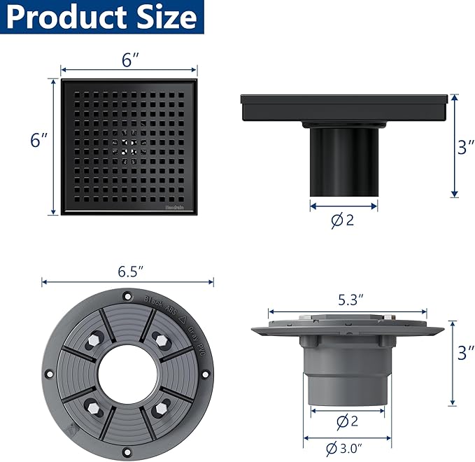Neodrain 6 Inch Square Shower Drain, 304 Stainless Steel Bathroom Drainage with Removable Quadrato Pattern Grate, PVC Shower Drain Base, Hair Strainer for Bathroom Floor Drains, Matte Black